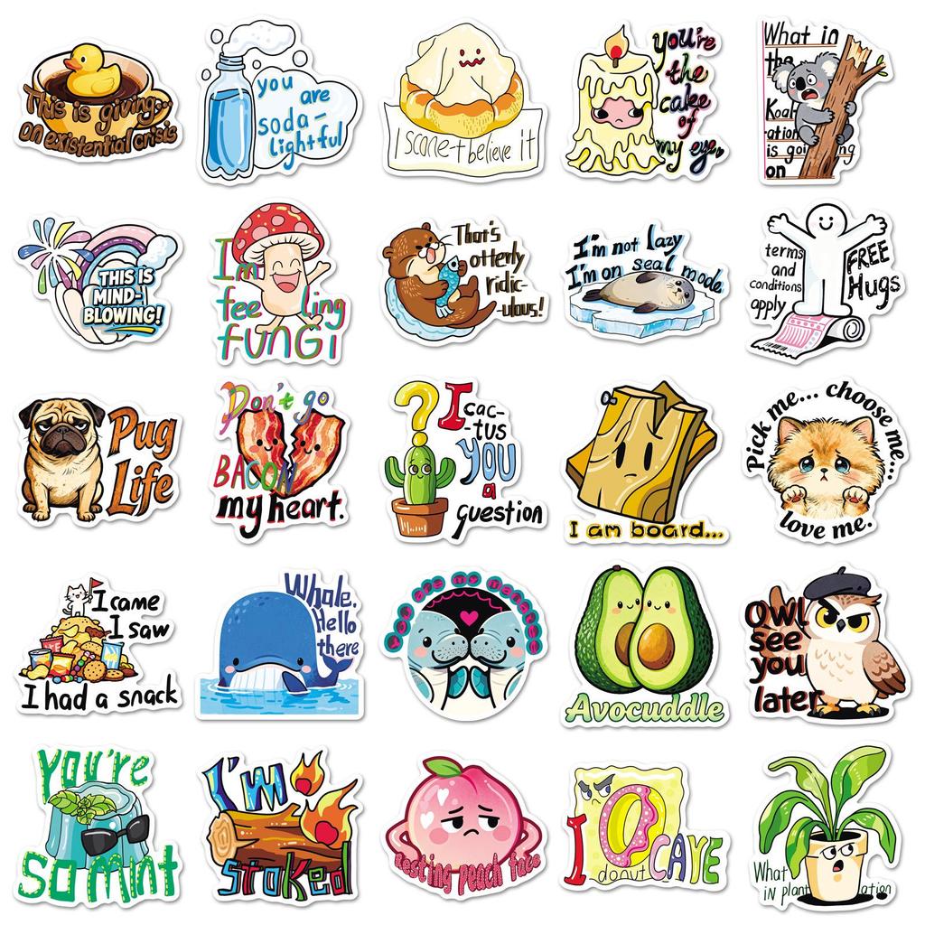 50PCS Cute Cartoon English Pun Stickers for Laptops, Tablets, and Phone Cases