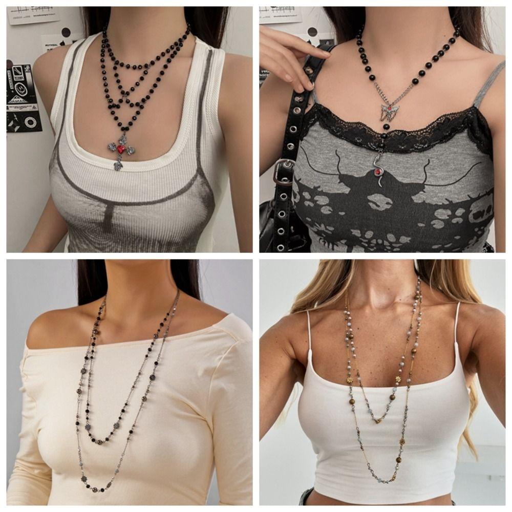 Colorful Flower Retro Double Layer Necklace Vintage Geometric Choker Beaded Sweater Chain Festival