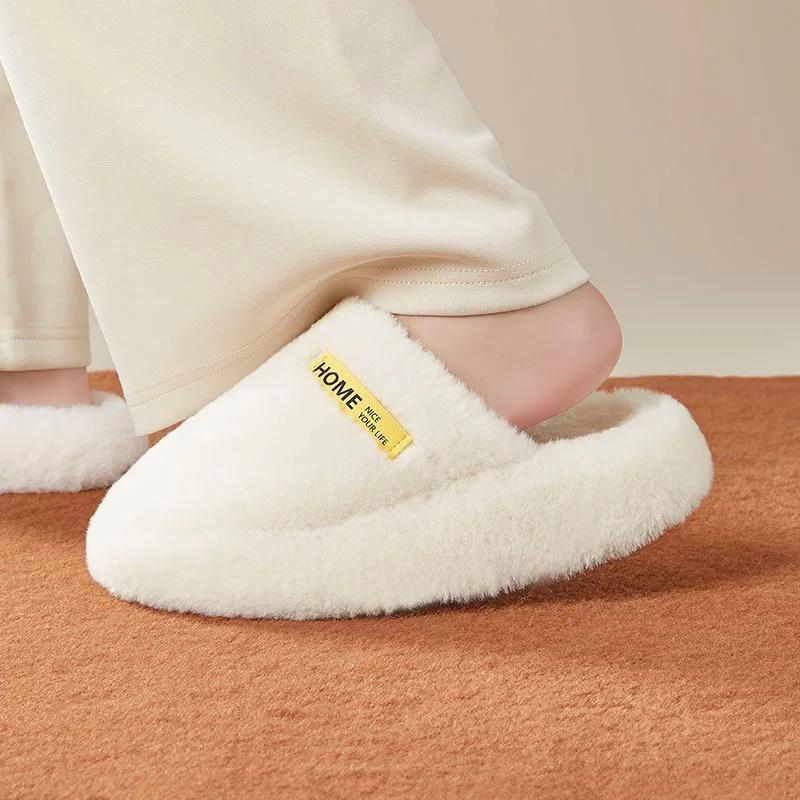 Fashion Thick Bottom Faux Fur Slippers Women New Indoor Plush Winter Couple Slides Woman Closed Toe Warm Non-Slip Cotton Padded Shoes