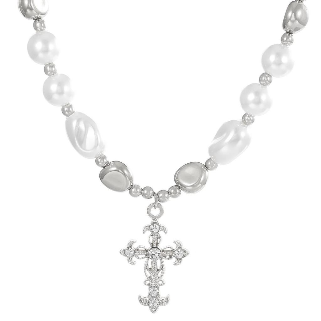 Collar retro con cruz de perlas y diamantes: accesorio de verano estilo hip-hop punk