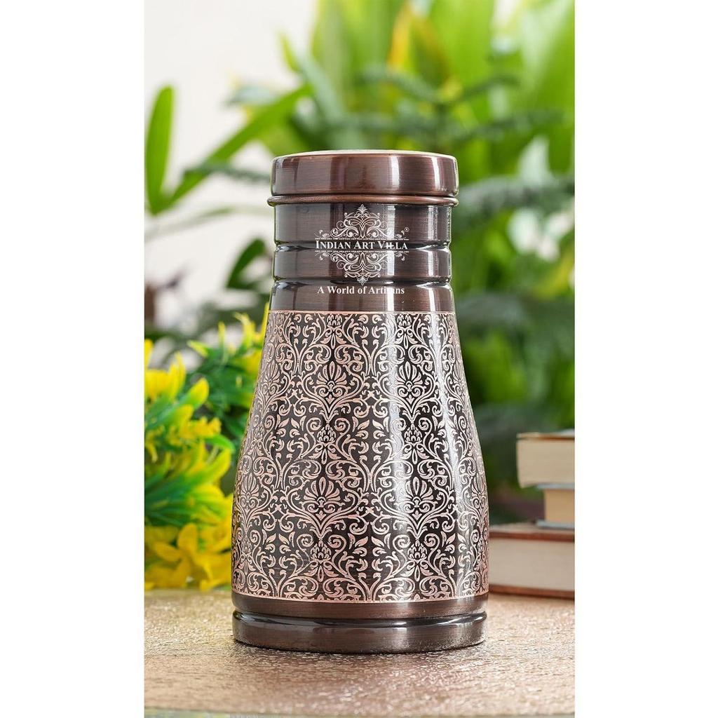 VILLA Pure Copper Bedroom Water Bottle with Inbuilt Glass, Dark Embossed Design, 900 ML Capacity (Pack of 2)