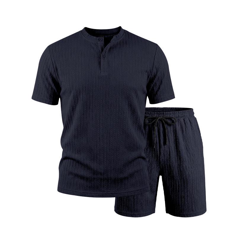 Summer Retro Men's Loose Knit Henley Shirt & Shorts Set