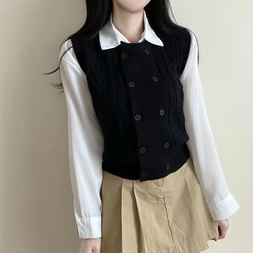 Korean Fashion Knitting Double Breasted Sweater Winter Retro Knit New Design Cardigan Women Aesthetic Casual Joker Sleeveless Vest