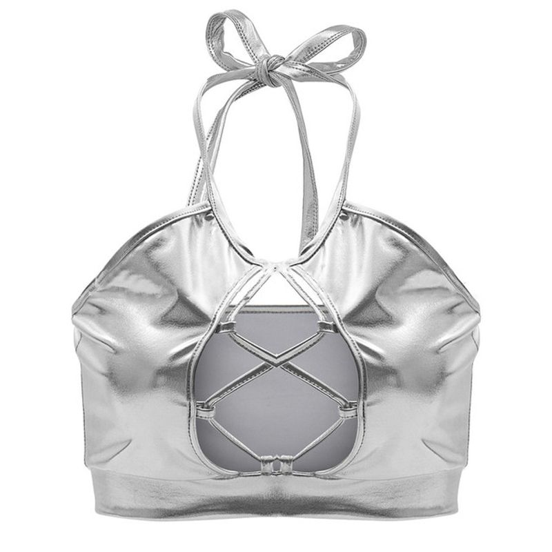 

Halter Strap Tie Cutout Tank Top Halter Spaghetti Straps Lace-up Cutout Silm Vest Silver XL