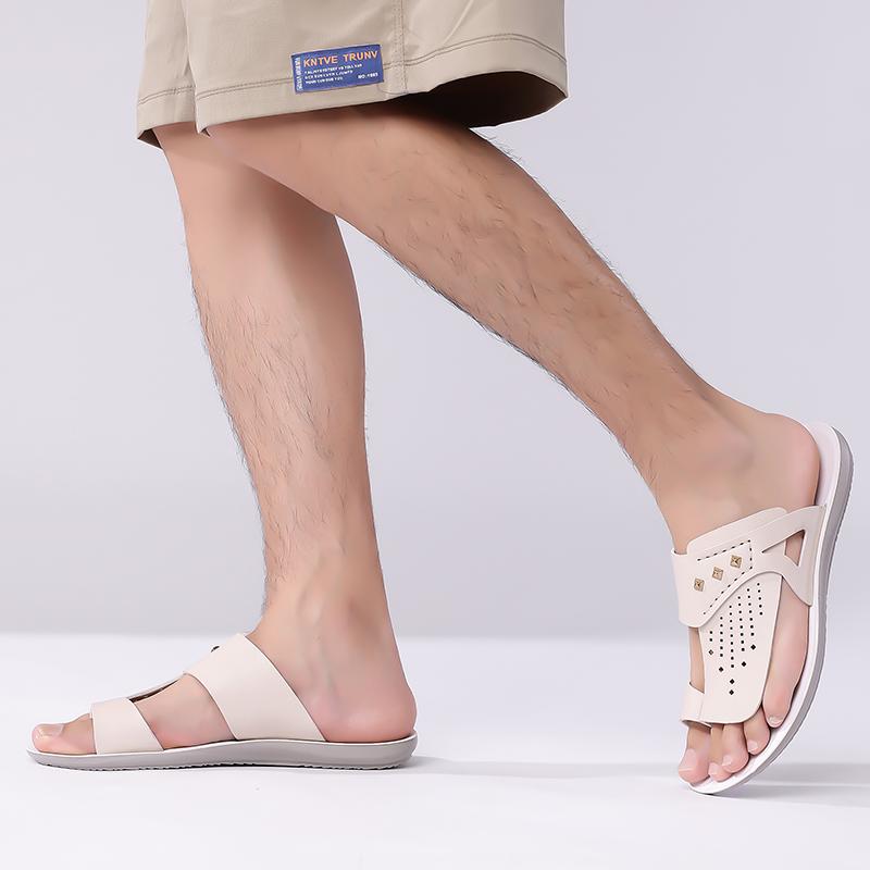 Herren Braune Flache Hausschuhe Sommer Weiß Breite Zehenpartie Römische Sandalen Retro Schwarze Leder Strandschuhe Große Größen