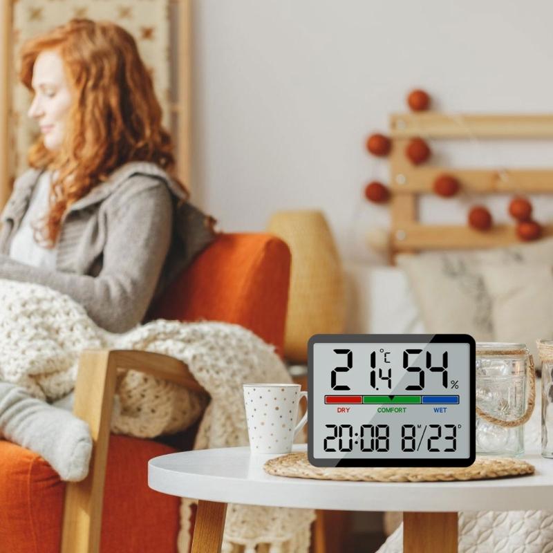 Temperature Humidity Meter Desktop Testing Meter with Time Date Display Large LCD Thermometers Hygrometer for Indoor