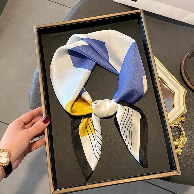 Luxury Design Silk Skinny Scarf Bag Handle Ribbon Ladies Little Cat Print Headband Small Hair Scarves Band Female Handkerchief