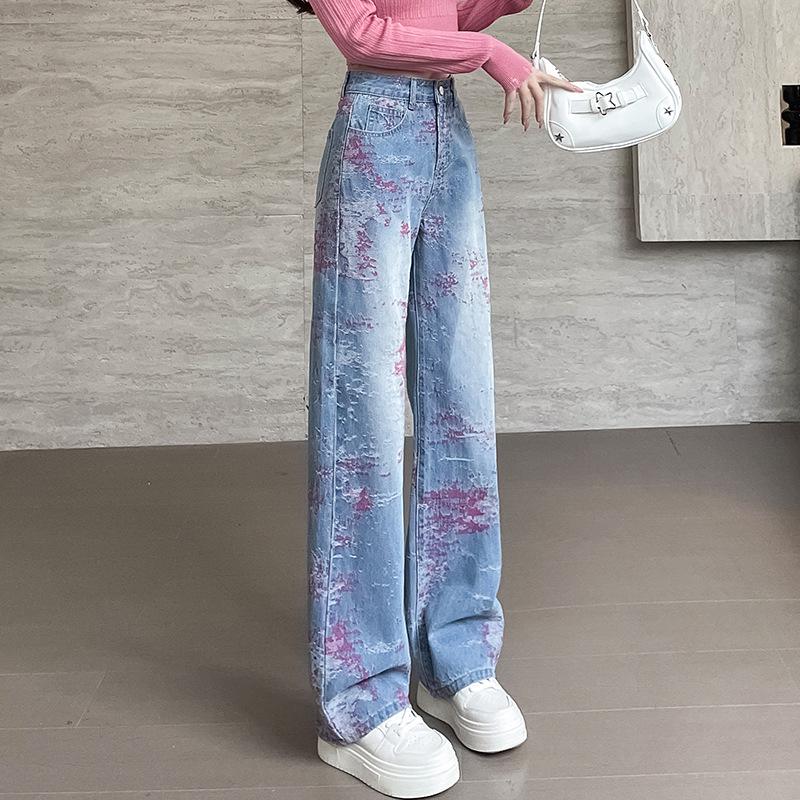 Women's Spring 2025 High Waist Jacquard Embroidered Wide Leg Jeans