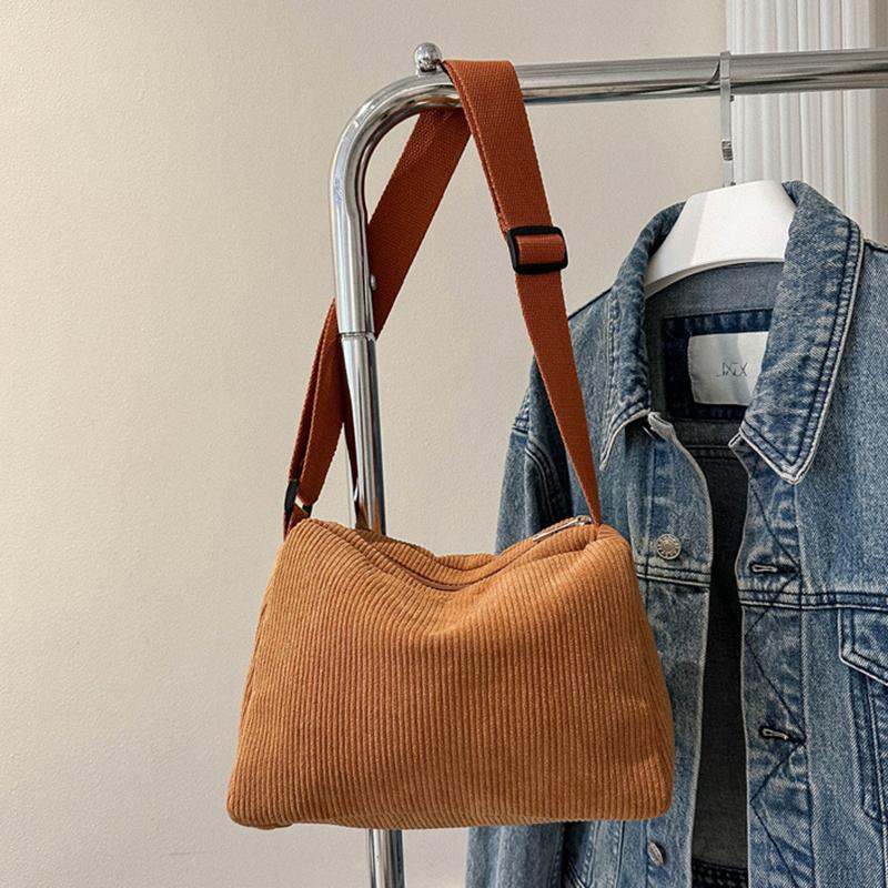 Solid Color Corduroy Shoulder Bag All-match Zipper Handbag Versatile Carry On Crossbody Bag