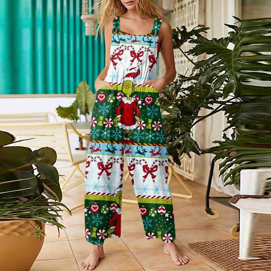 Women's Fashion Christmas  Print Casual Retro Sleeveless Button Jumpsuit