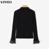 VONDA Autumn Women Turtleneck Long Sleeve Lace Hem Stretch Casual Knitted Sweater Undershirts