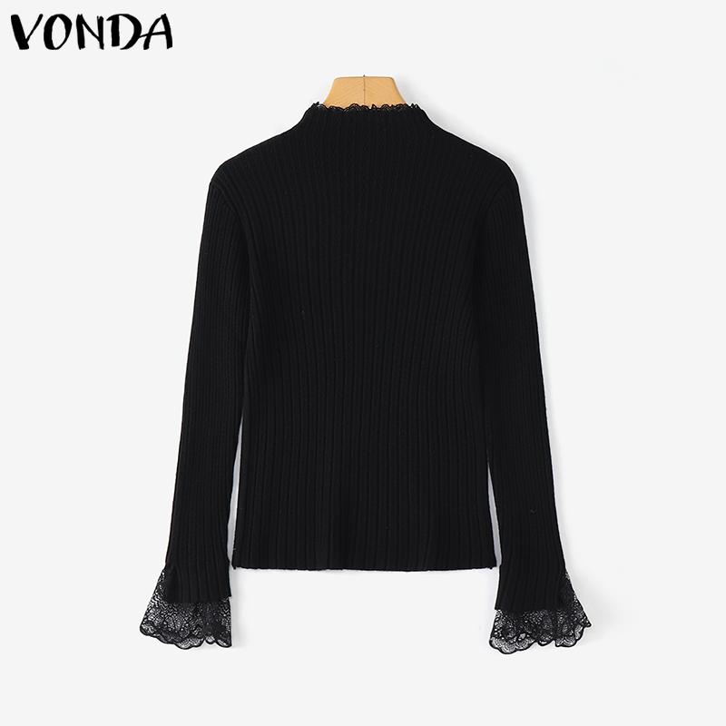 VONDA Autumn Women Turtleneck Long Sleeve Lace Hem Stretch Casual Knitted Sweater Undershirts