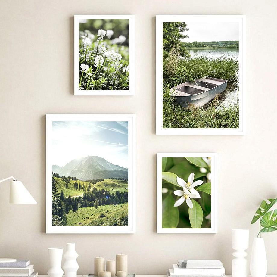 Green Leaf Boat Flower Forest Mountain Waterfall Posters And Prints Canvas Painting Wall Art Pictures For Living Room Decor