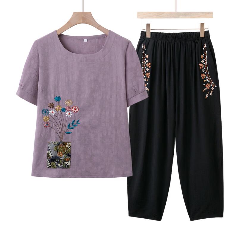 Ronghua Elderly Pure Cotton Linen Embroidered Summer Two-Piece Set