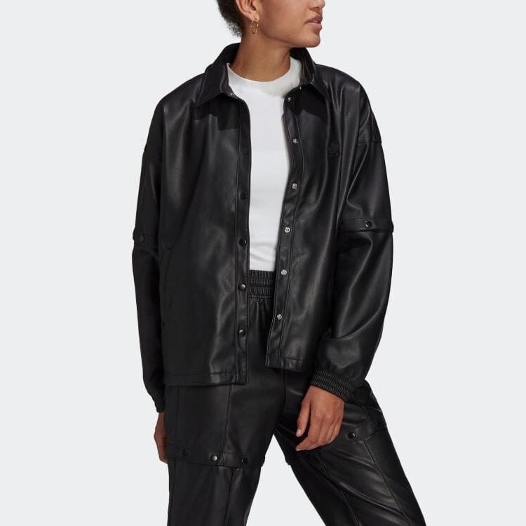 Adidas Originals Solid Logo Polo Button Casual Sports Jacket Women Jackets Black HF2021