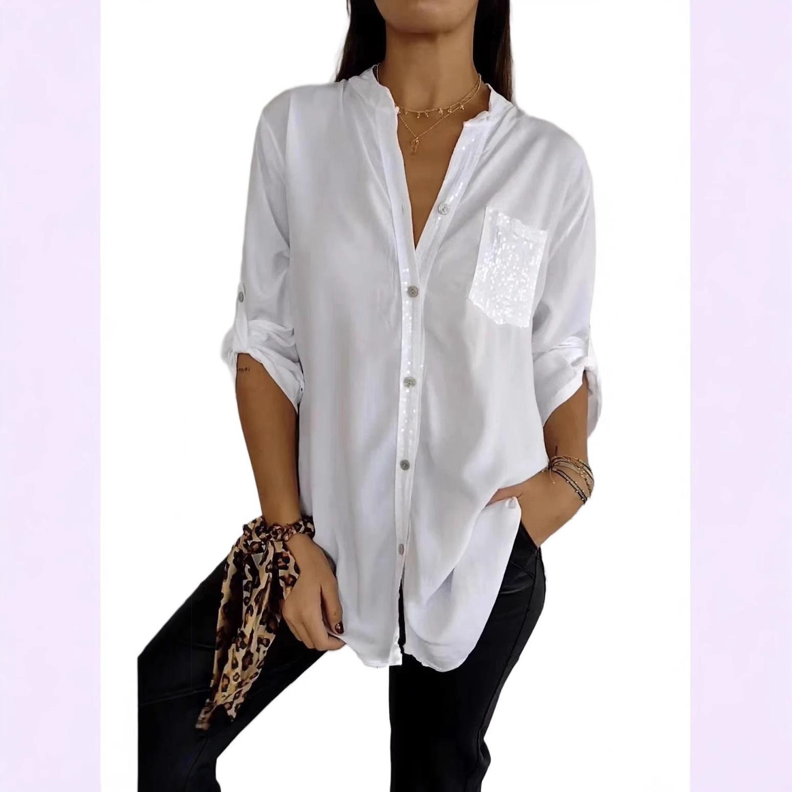 

Черная рубашка свободного кроя с серебристыми пайетками, повседневная блузка с длинным рукавом для женщин S белый