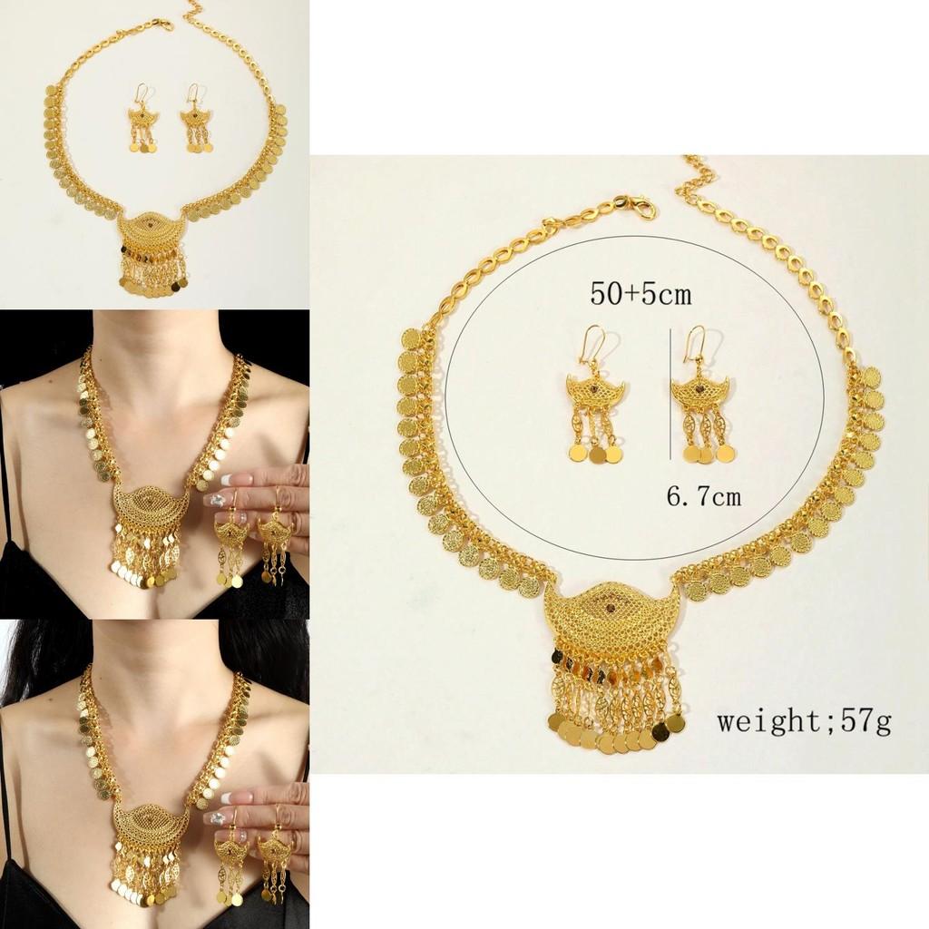 Fashion Gold Alloy Jewelry Set With Hollow Coin Pendant And Dangle Earrings For Women