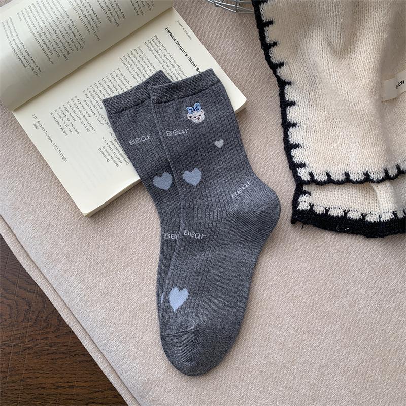 Grey Embroidered Cartoon Bear Mid-calf Socks for Women, Thick and Warm Woolen Socks for Autumn and Winter