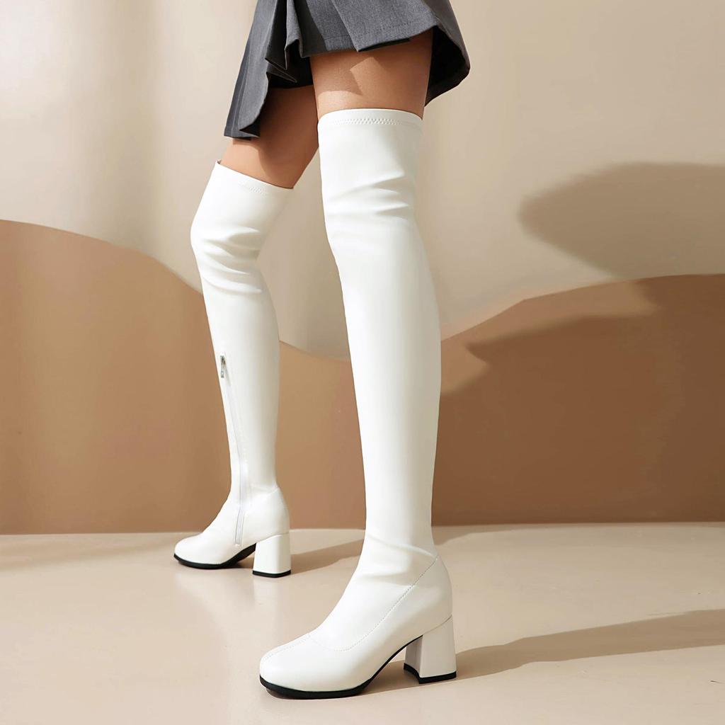 Krazing Pot PU Autumn Winter Shoes Thick High Heels Super Size Stovepipe Boots Round Toe Keep Warm Zipper Over-the-knee Boots