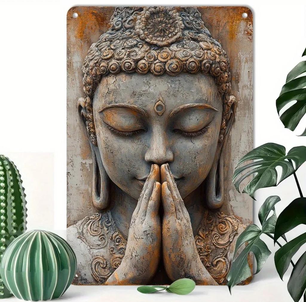 Vintage Golden Leaf Buddha Aluminum Sign | Retro Metal Wall Art – Easy-Install Decor for Home, Garden & Room Spaces