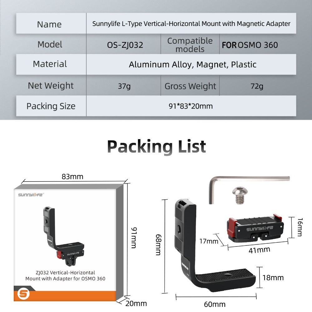 Quick Release Magnetic Adapter L-shaped Aluminum Alloy Horizontal Vertical Mount Base Lightweight Durable for DJI Osmo 360
