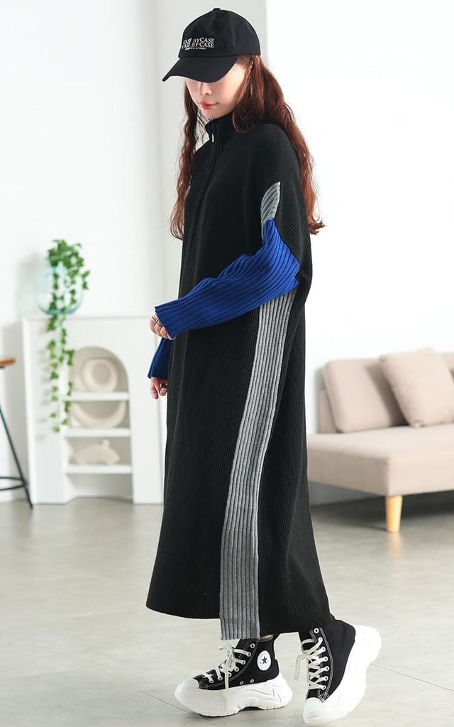 Gold Japan Plus Size Long Knit Dolman Asymmetrical Size Patterned Women's Dress, Half-Zip, Ribbed, Sleeves, Print, Fall/Winter/Spring, Bro-0083, 4L,