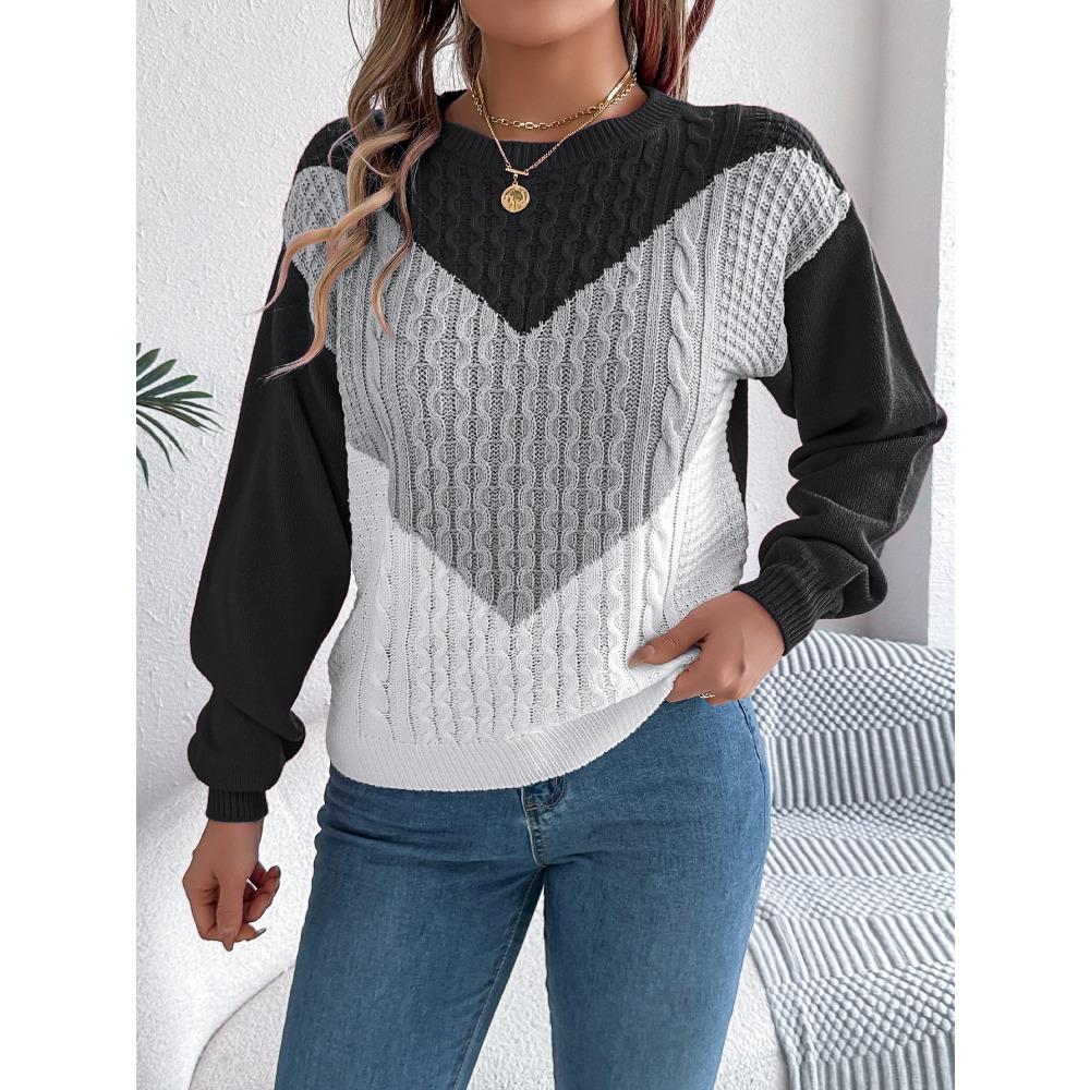 Autumn/Winter Casual Colour-Blocked Cable-Knit Bell-Sleeve Women's Pullover