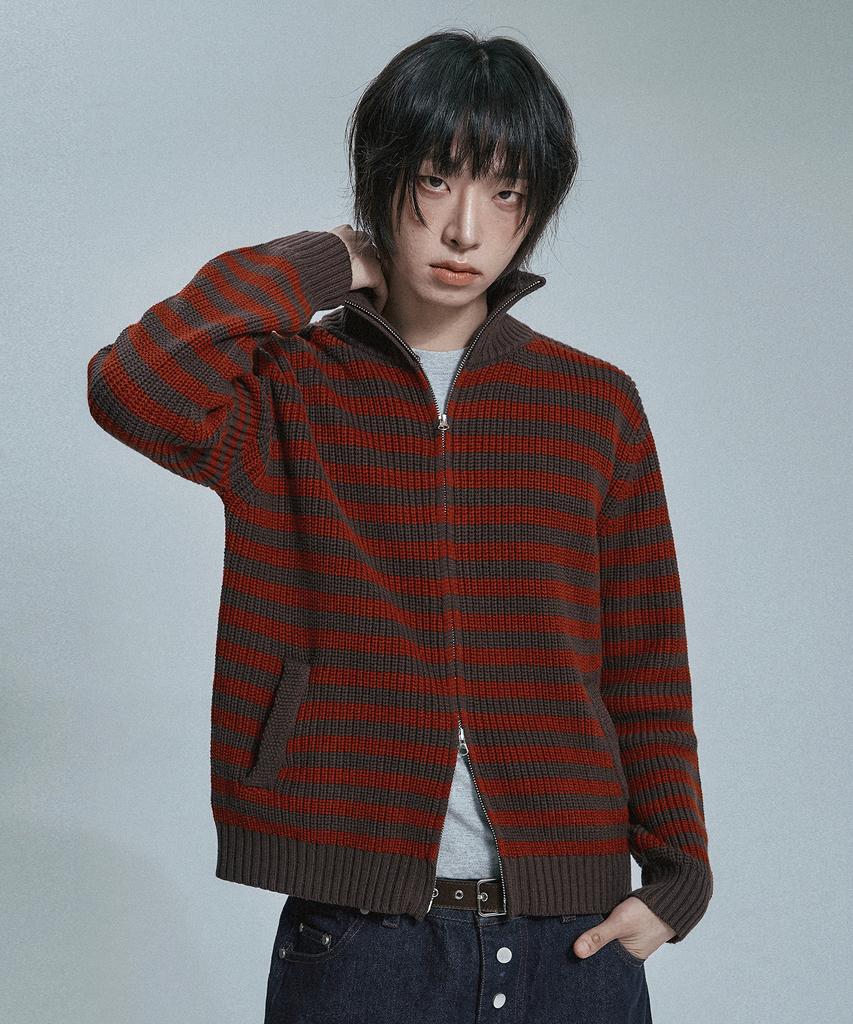 MOO Striped High-Neck Knit Zip-Up - Brown