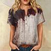 Women's Casual Short Sleeve Henley Shirt Cotton Linen Blend Chest Pocket Halloween Print Button Neck Blouse Lightweight Summer Top