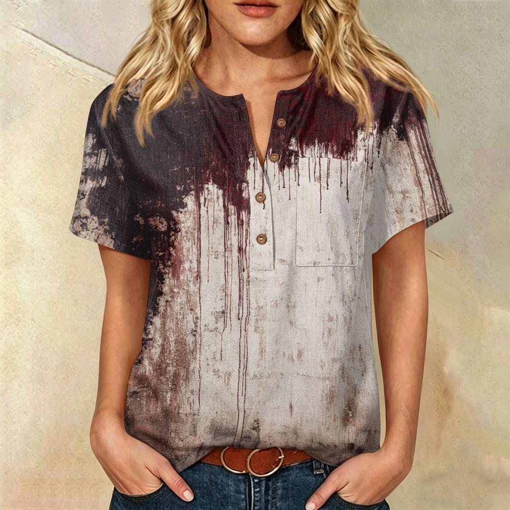 Women's Casual Short Sleeve Henley Shirt Cotton Linen Blend Chest Pocket Halloween Print Button Neck Blouse Lightweight Summer Top