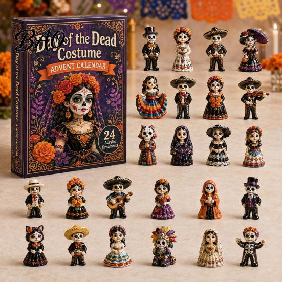 Halloweenový adventní box Kalendář Dne mrtvých, 24denní sada akrylových ozdob s uměleckými svátečními motivy lebky a aksamitníku pro rozbalování, na zavěšení na stromek