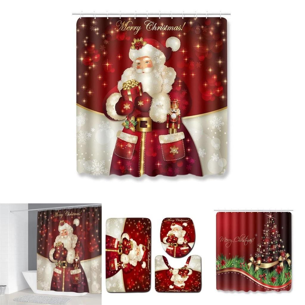 Beautiful 4pcs Christmas Shower Curtain And Toilet Cushion Set For Holiday Home Decoration