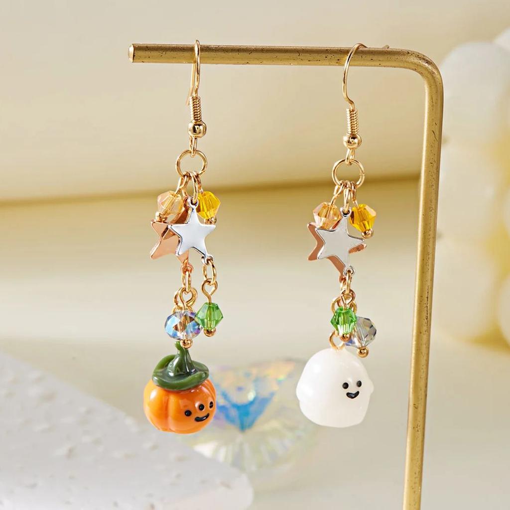 Cute Cartoon Ghost Pumpkin Dangle Earrings for Women Handmade Crystal Star Tassel Piercing Earring Halloween Party Jewelry Gift