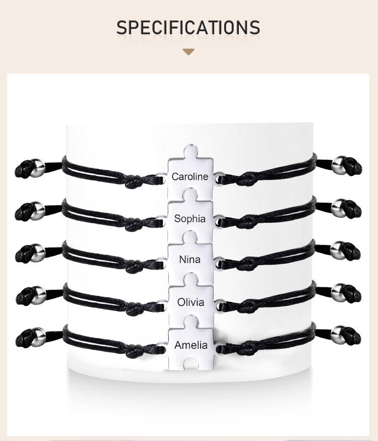 Braccialetti Puzzle con Nome Personalizzato, Cordino Nero Regolabile per Polso per Donne Uomini Sorella Amicizia BFF Coppia Gioielli