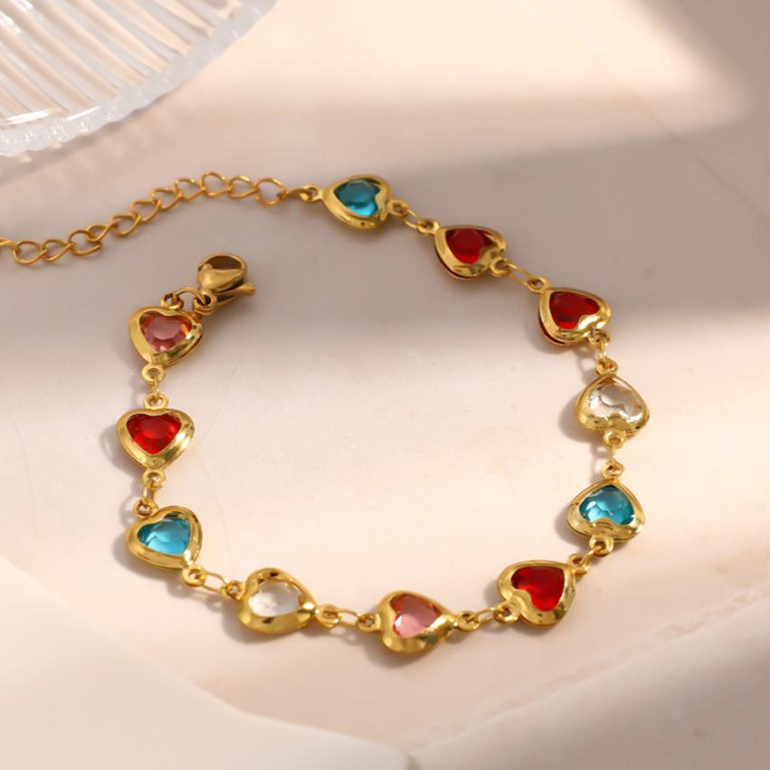 Heart Anklet Bracelet for Women Stainless Steel Colorful Zircon Gold Plated Waterproof Tarnish Free Summer Beach Luxury Jewelry