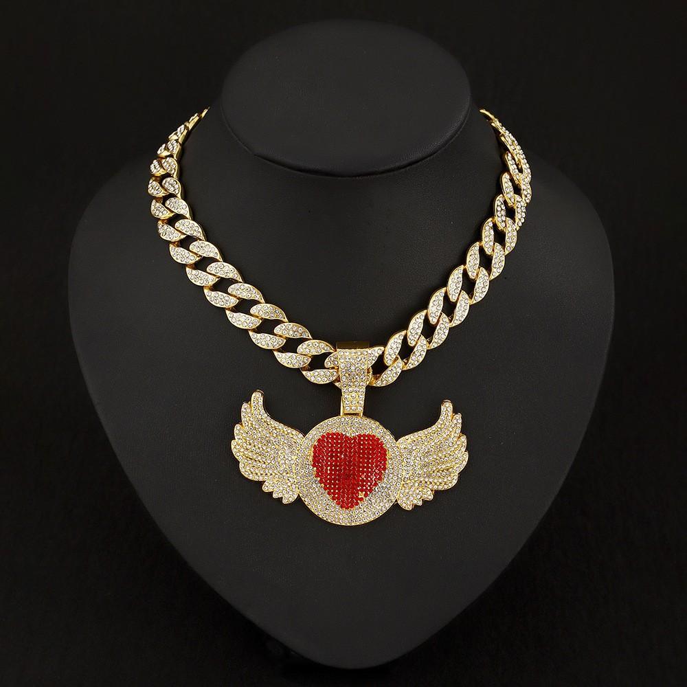 Hip Hop Rap Trendy Creative Pink Diamond Love Angel Wing Pendant Necklace Pink Diamond Love Men's Necklace