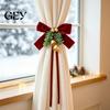 Winter Holiday Home Accents Christmas Bow Curtain Tieback with Bells, Faux Pine Branch Festive Holder, Holders Flocked Fabric Red Drapery Holdback for