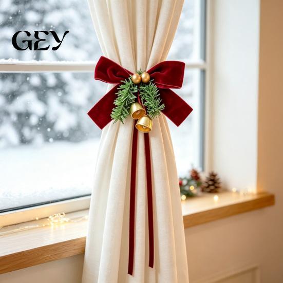 Winter Holiday Home Accents Christmas Bow Curtain Tieback with Bells, Faux Pine Branch Festive Holder, Holders Flocked Fabric Red Drapery Holdback for