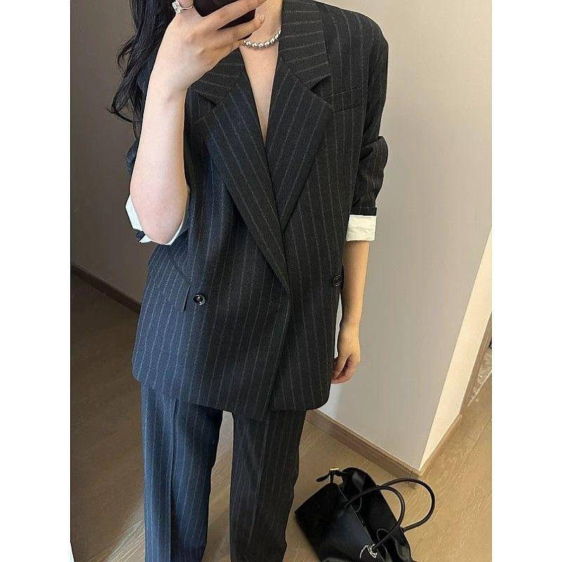 

Наряд в полоску для женщин 2025 Осень Новое поступление K-стиль Стройнящий костюм Верхняя одежда Свободные брюки Комплект из двух предметов Navy blue Stripes Outwear + pants S