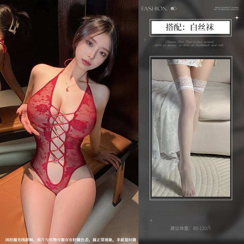 Neck onesie sexy free lace perspective waist tight lingerie women's temptation empty love