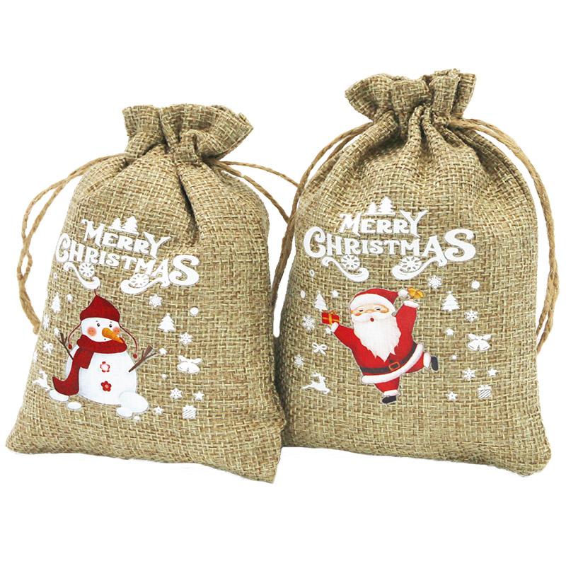 (5 Pieces/bag) 10 * 15cm Linen Gift Bag Christmas Pendant Bag Packaging Bags Apple Santa Claus Pattern Gift DIY
