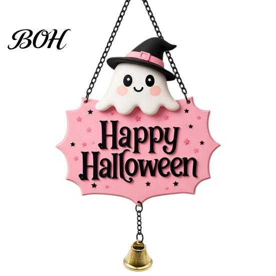 Cute Ghost Wall Decor Halloween Witch Hat Door Sign, Wooden Hanging Decoration, Rustic Farmhouse Sign Doorbell Pendants for Indoor Outdoor Home