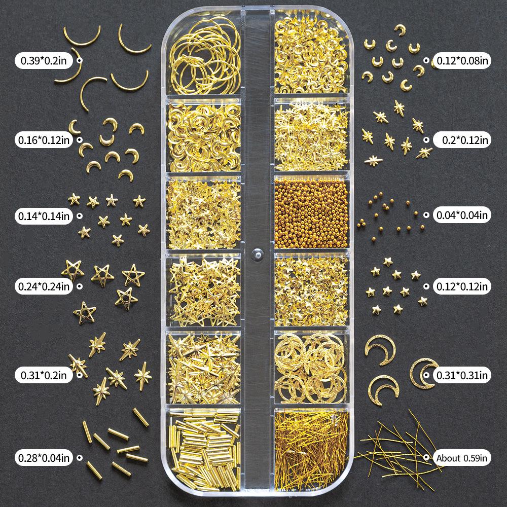 12 Grids Mixed Geometric & Japanese Style Metal Nail Art Studs: Stars, Moons, Starfish