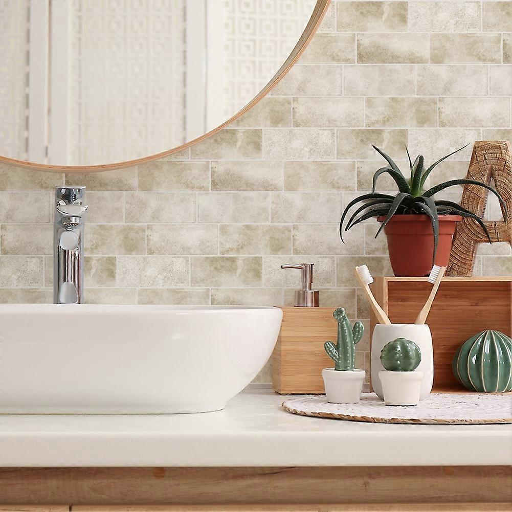 Subway Backsplash Tile Peel and Stick Wall Tiles for Bathroom Waterproof 10 Sheets Beige Stone Peel and Stick Backsplash
