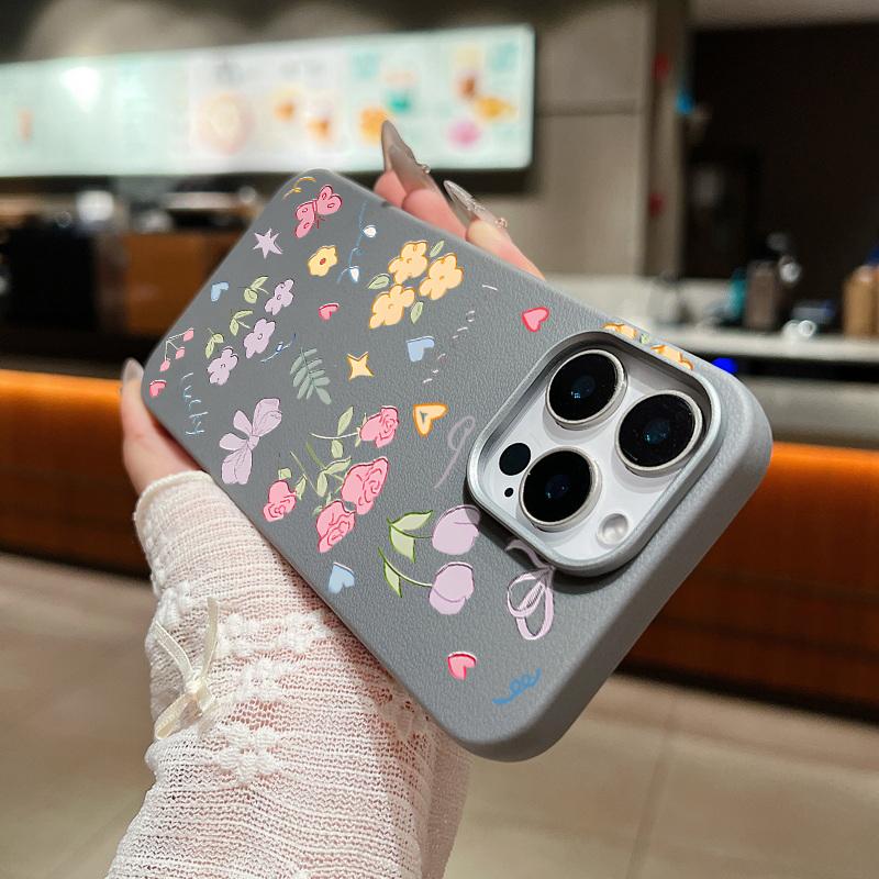 Cartoon Floral Pattern Shockproof Phone Case For iPhone 16 Pro Max 15 Pro 14 Plus 13 12 11 Soft TPU Leather Texture Slim Matte Back Cover