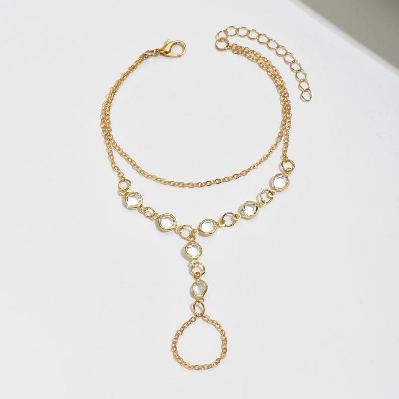 Fashion Multilayer Rhinestone Beaded Bracelet Ring for Women Light Luxury Metal Finger Chain Party Jewelry Accessories Gifts