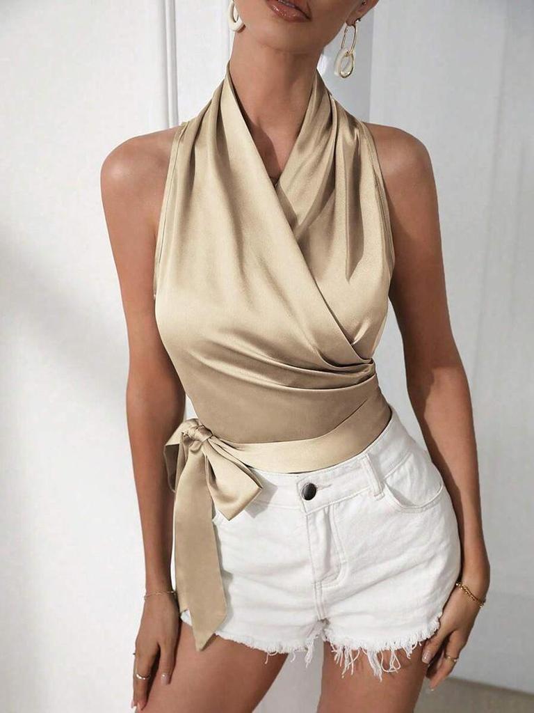 Dames Satin Wrap Top met Halternek - Lente/Zomer Mouwloos Strik