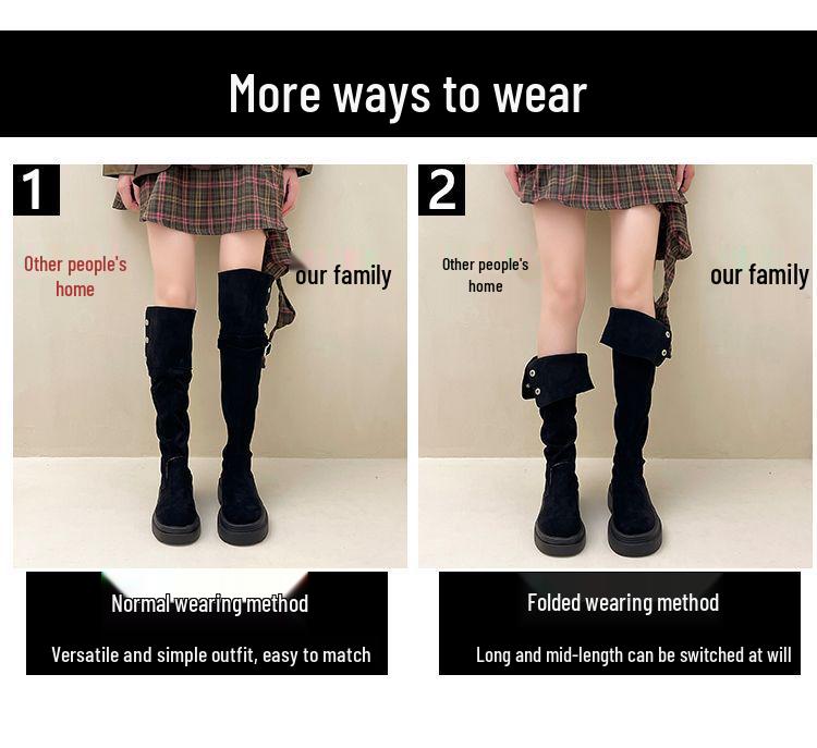 Women's 2025 Aut/Win Thick-Soled Over-the-Knee Foldable Knight Boots - Chunky Heel in Black/Khaki