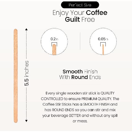Coffee Stirrers Disposable Wooden Coffee Stir Sticks - Round-End Birchwood 5.5 Inches Large Wooden Stir Sticks - Pack of 500 Wood Stir Sticks, Coffee