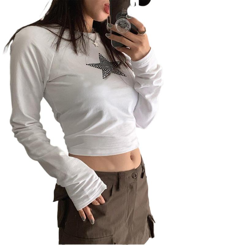 Europäisches und amerikanisches Sternmuster für Frühling und Herbst, Hot-Diamond-Langarm-T-Shirt, Slim Fit, personalisiertes kurzes Oberteil für Damen